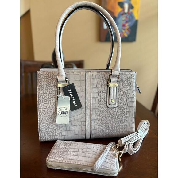 ST. BARRY - NWT 2-Piece Satchel & Wristlet/Stone Grey Croc-Embossed Faux Leather - Picture 13 of 16